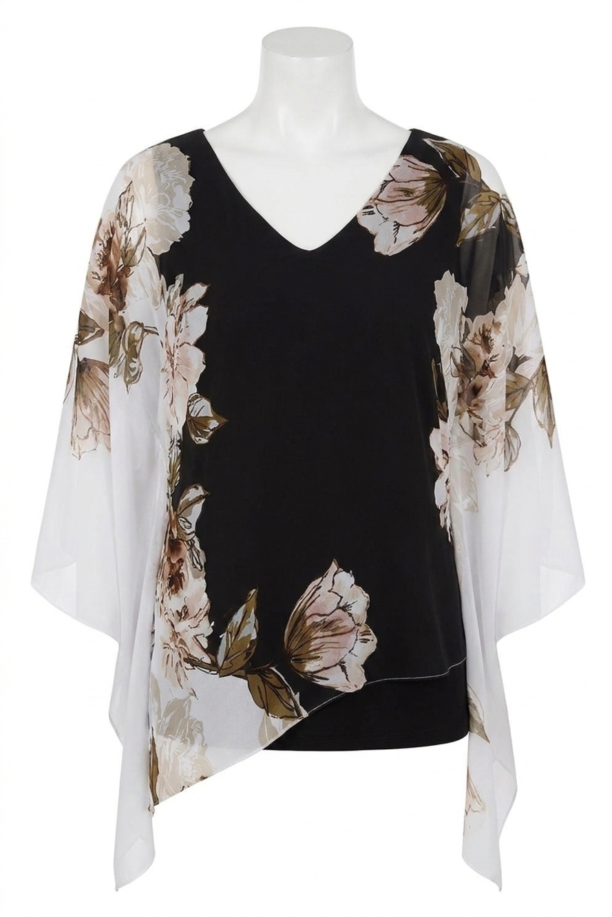 NEW JOSEPH RIBKOFF cape sleeve top in black, white and floral